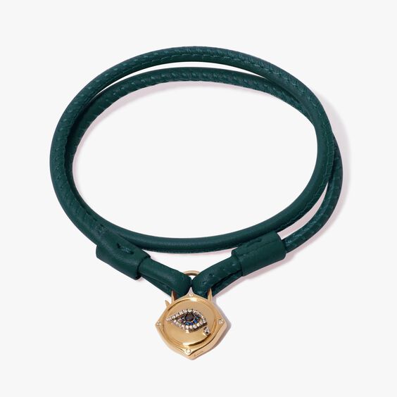 Lovelock 18ct Gold 35cms Green Leather Evil Eye Charm Bracelet